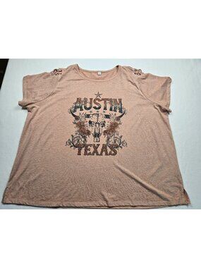 Cato Austin Texas Graphic T-Shirt 26/28W Lace-Up Shoulder Boho Beige Western